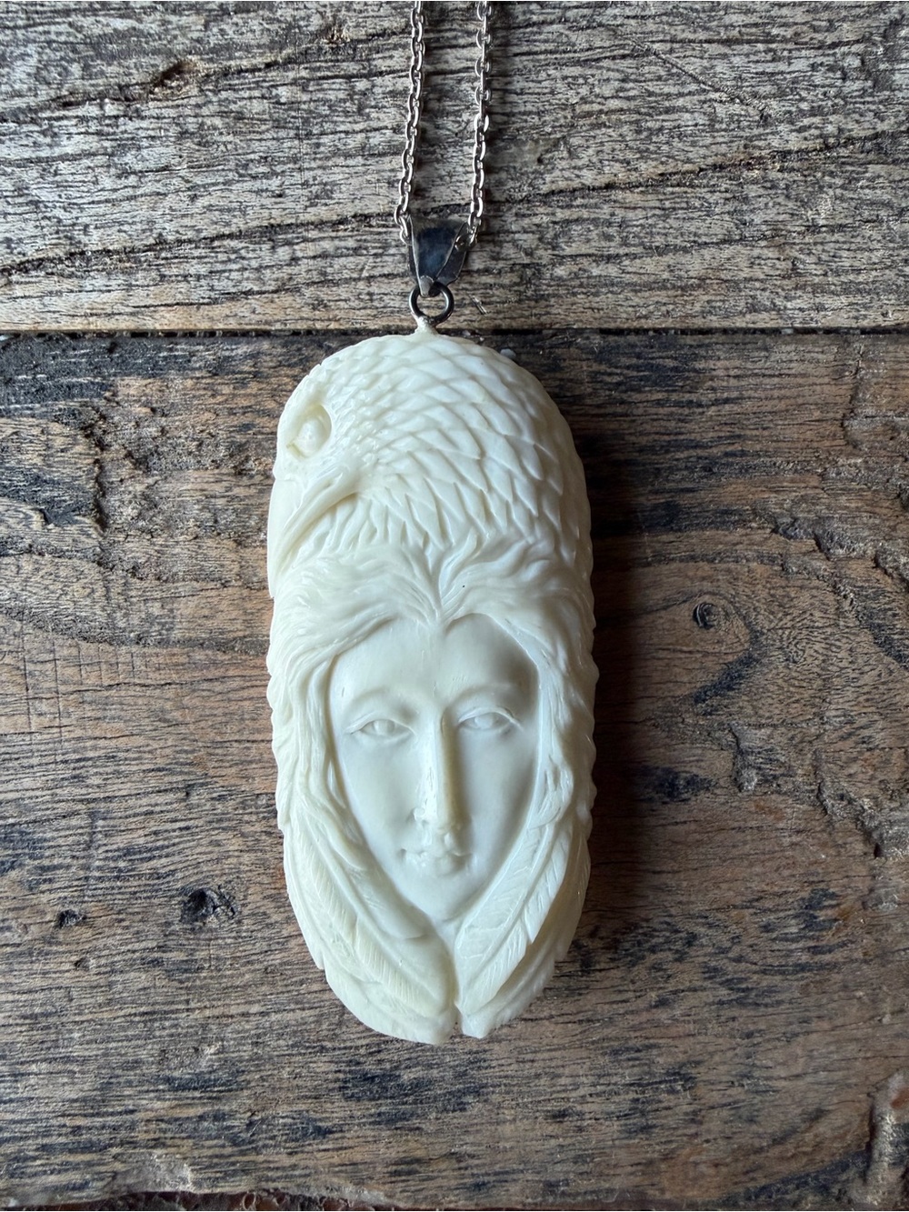 Hand-Carved Ivory Woman & Eagle Pendant Necklace. Purchased in Alaska.